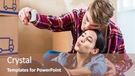  Presentation with knowledge sharing innovation social media - Slide deck featuring selfie to share on social background and a coral colored foreground