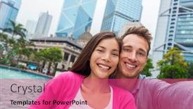  Presentation with hong kong - PPT theme with selfie-tourists-couple-asian-woman background and a red colored foreground