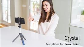 Presentation with young sing woman singing young - Cool new presentation theme with selfie video with smartphone webcam backdrop and a sky blue colored foreground
