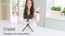  Presentation with happy sad mask face - Audience pleasing presentation theme consisting of selfie video with smartphone webcam backdrop and a white colored foreground