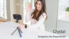  Presentation with happy sad mask face - Cool new slide deck with selfie video with smartphone webcam backdrop and a white colored foreground