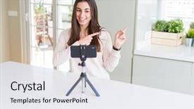  Presentation with helping others two hands woman - Colorful slide deck enhanced with selfie video with smartphone webcam backdrop and a sky blue colored foreground