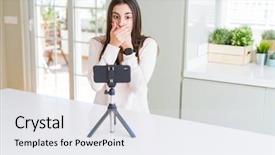  Presentation with woman covering man mouth hand - Cool new theme with selfie video with smartphone webcam backdrop and a sky blue colored foreground