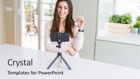  Presentation with woman in labor - Presentation design enhanced with selfie video with smartphone webcam background and a sky blue colored foreground