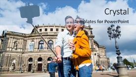  Presentation with tourist - Colorful slide deck enhanced with selfie with phone on stick backdrop and a light blue colored foreground