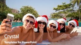  Presentation with summer holiday move - PPT theme with selfie with smartphone on beach background and a tawny brown colored foreground