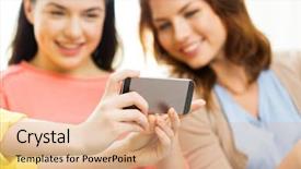  Presentation with technology - Slide deck featuring selfie with smartphones at home background and a  colored foreground