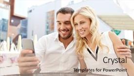  Presentation with people mobile technology - Colorful theme enhanced with selfie with smatphone at restaurant backdrop and a soft green colored foreground