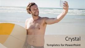  Presentation with selfie - PPT theme featuring selfie with surfboard at beach background and a  colored foreground