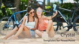  Presentation with tourists - Slides consisting of selfies with retro instant camera background and a soft green colored foreground