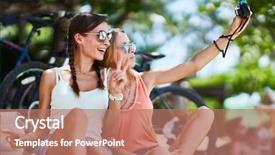  Presentation with tourists - PPT theme enhanced with selfies with retro instant camera background and a coral colored foreground