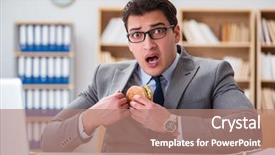  Presentation with junk food - Colorful presentation design enhanced with selfish - hungry funny businessman eating junk backdrop and a  colored foreground