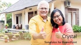  Presentation with property development apartment residential buildings - Amazing presentation having sell - happy elderly couple showing thumbs backdrop and a yellow colored foreground