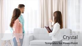  Presentation with estate - Slide set having sell - happy family with estate agent background and a light gray colored foreground