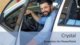  Presentation with car - Slide set featuring sell buy - happy young man with new background and a light blue colored foreground