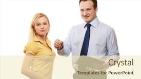  Presentation with realtor - Beautiful PPT layouts featuring sell buy - male realtor giving keys backdrop and a cream colored foreground
