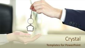  Presentation with keys - Slide set featuring sell house - hand of businessman giving keys background and a soft green colored foreground