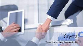  Presentation with business partner - Audience pleasing slide deck consisting of sell partner - business handshake and business people backdrop and a light blue colored foreground