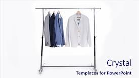  Presentation with hanging rope pictures white - Audience pleasing slide deck consisting of sell things - suits with shirts on hangers backdrop and a  colored foreground