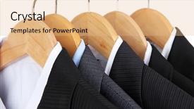  Presentation with hanging light standout - Presentation design featuring sell things - suits with shirts on hangers background and a  colored foreground