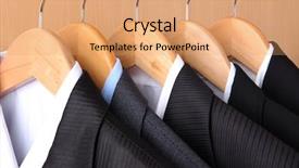  Presentation with wooden - Audience pleasing slide set consisting of sell things - suits with shirts on hangers backdrop and a coral colored foreground