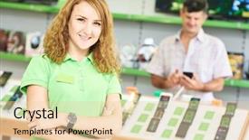  Presentation with retail store - Cool new theme with seller assistant in electronics retail backdrop and a lemonade colored foreground