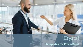  Presentation with dealership - Slide deck having seller-invites-man-to-presentation background and a ocean colored foreground