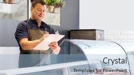  Presentation with fish people - Amazing slide set having seller with clipboard selling seafood backdrop and a light blue colored foreground