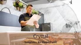  Presentation with fish people - Amazing presentation design having seller with clipboard selling seafood backdrop and a coral colored foreground