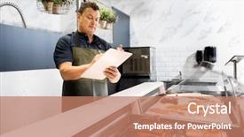  Presentation with fish people - Beautiful slides featuring seller with clipboard selling seafood backdrop and a coral colored foreground