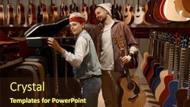  Presentation with helping man - PPT theme featuring seller-woman-helping-man-buyer background and a wine colored foreground