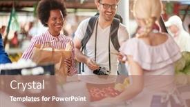  Presentation with green fresh food - Cool new presentation theme with seller-woman-offers-fresh backdrop and a coral colored foreground