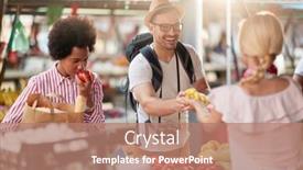  Presentation with food market - Presentation enhanced with seller-woman-offers-fresh background and a coral colored foreground