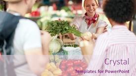  Presentation with green fresh food - Presentation design with seller-woman-offers-fresh background and a sky blue colored foreground