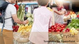  Presentation with food market - Colorful presentation theme enhanced with seller-woman-offers-fresh backdrop and a coral colored foreground