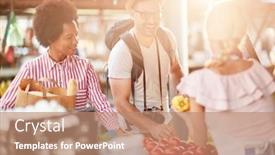  Presentation with food market - PPT theme featuring seller-woman-offers-fresh background and a coral colored foreground