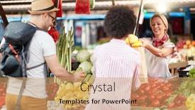  Presentation with food market - Amazing PPT theme having seller-woman-offers-fresh backdrop and a coral colored foreground