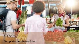  Presentation with green fresh food - PPT theme with seller-woman-offers-fresh background and a coral colored foreground