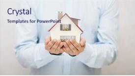  Presentation with hand cute dolls and toy - Cool new PPT theme with sellers - small toy house in hands backdrop and a sky blue colored foreground