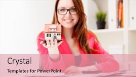  Presentation with hand cute dolls and toy - Theme having home selling - little house toy in woman's background and a coral colored foreground