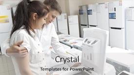  Presentation with new family new born - Cool new slide deck with selling machinery - happy family couple buying new backdrop and a light gray colored foreground