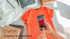  Presentation with online app - PPT theme having selling-online-by-taking-photo background and a coral colored foreground