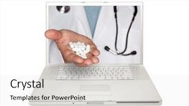  Presentation with pills - Presentation theme consisting of selling pharmacy - doctor handing pills through laptop background and a sky blue colored foreground