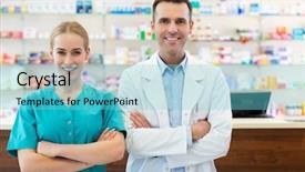  Presentation with pharmacy - Amazing PPT theme having selling pharmacy - female and male pharmacists backdrop and a seafoam green colored foreground