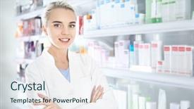  Presentation with work - Amazing PPT layouts having selling pharmacy - female shop assistant at work backdrop and a sky blue colored foreground