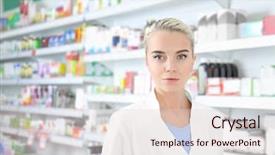  Presentation with work - PPT theme enhanced with selling pharmacy - female shop assistant at work background and a lemonade colored foreground