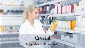  Presentation with humanitarian work - Slides featuring selling pharmacy - female shop assistant at work background and a light blue colored foreground