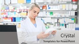 Presentation with cardboard - Beautiful PPT theme featuring selling pharmacy - female shop assistant with cardboard backdrop and a light gray colored foreground