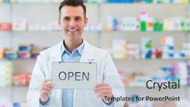 Presentation with pharmacy - Theme having selling pharmacy - pharmacist holding an open sign background and a light blue colored foreground