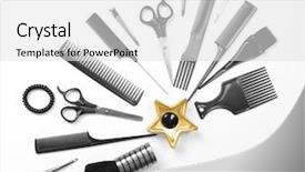  Presentation with barber - Presentation design having semicircle - barber set with tools isolated background and a light gray colored foreground